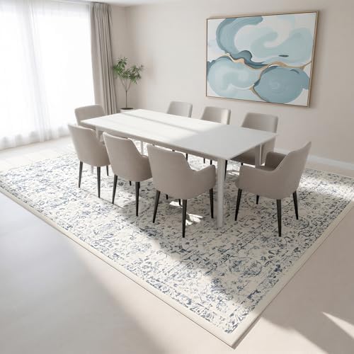 8x10 Boho Washable Area Rug for Living Room,Bedroom,Dining Room-White Blue