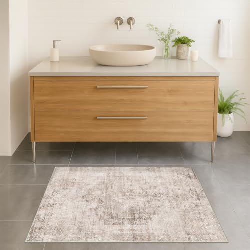 Light Brown 2x4 Runner Rug for Entryway Indoor, Kitchen Floor Waterproof, Bathroom, Powder Room, Washable Non Slip Low Pile Stain & Fade Resistant, Modern Eclectic Tan Décor, Distressed Design