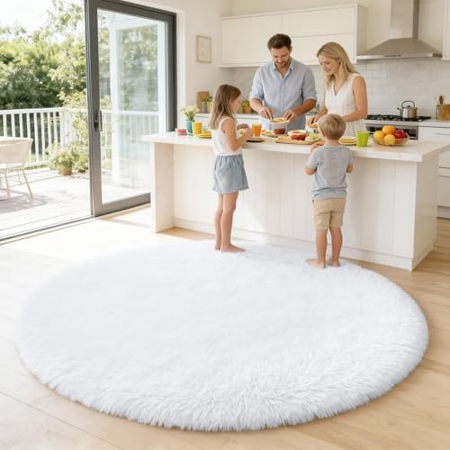 OLANLY White Round Rugs for Bedroom - Machine Washable, 6 ft Circle Area Rugs for Living Room, Soft and Fluffy Shaggy Carpet for Teen Girls and Boys, Nursery Rooms, Dorms, Home Decor Aesthetic