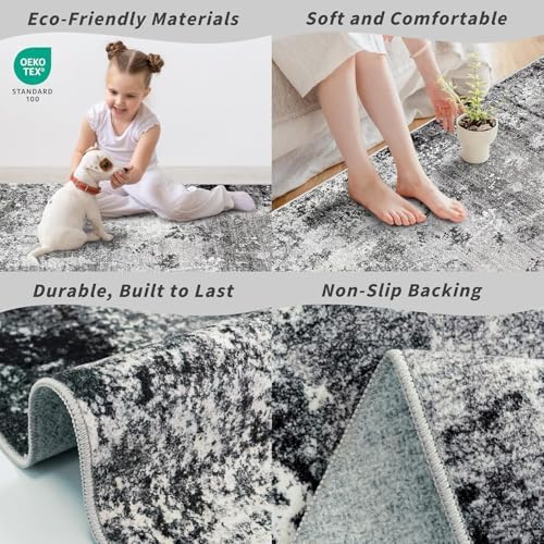 3x5 Washable Entryway Rug – Non-Slip Rubber Backed Small Area Rug for Kitchen, Bedroom, Living Room, Office – Soft Low-Pile Thin Modern Abstract Neutral Throw Rug (Black Grey,3x5)