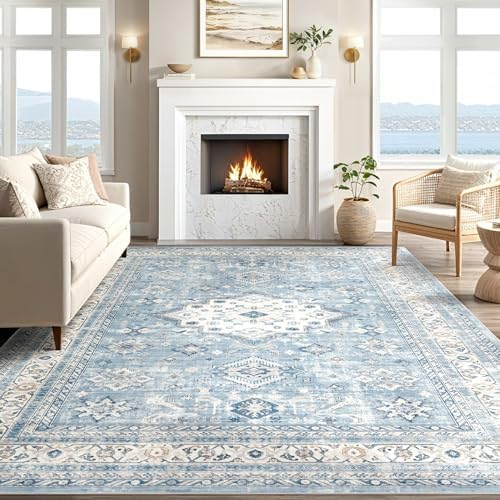 cotiled 5x7 Area Rug for Living Room, Washable, Traditional, Blue