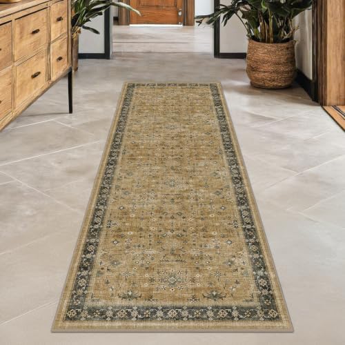 Hazo Haus Vintage 2x8 Runner Rug for Hallway, Boho Long Runner Rug for Kitchen, Bathroom, Non-Slip Low-Pile Washable Stain Resistant, Rustic Brown and Charcoal Olive Earthy Décor
