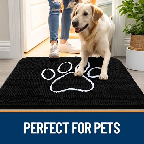 OLANLY Dog Door Mat for Muddy Paws 45x27, Paw Print Design Chenille Mud Mat