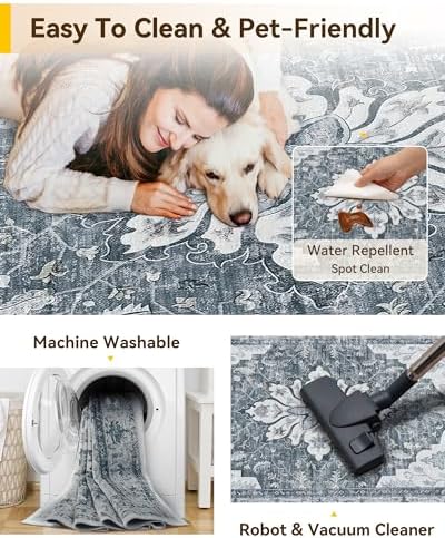 RELEANY Washable Area Rug, 3'x5', Grey/White/Beige