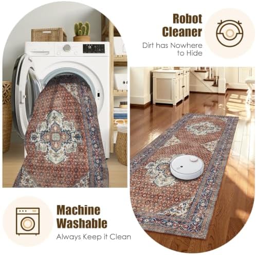 Washable Area Rug 2'6'' x 8' Vintage Traditional Persian Mat - Foldable Distressed Non-Slip Machine Washable Carpet for Living Room Bedroom Kitchen Home Decor - Terracotta and Navy