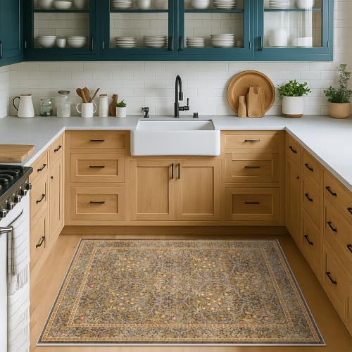 Vintage Floral Brown 3x5 Area Rugs for Entryway, Kitchen, Bathroom, Bedroom Bedside Rug, Laundry Room, Non-Slip Low Pile Ultra Soft Stain Resistant Small Gold and Taupe Carpet