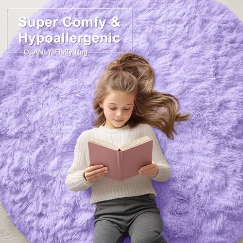 OLANLY Light Purple Round Rugs for Bedroom - Machine Washable, 4 ft Circle Area Rugs for Living Room, Soft and Fluffy Shaggy Carpet for Teen Girls and Boys, Nursery Rooms, Dorms, Home Decor Aesthetic
