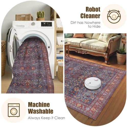 Washable Area Rug 6' x 9' Vintage Traditional Persian Mat - Foldable Distressed Non-Slip Machine Washable Carpet for Living Room Bedroom Kitchen Home Decor - Indigo and Crimson