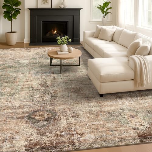 Vintage Distressed Medallion Rugs for Living Room - 9x12 Green and Brown Large Washable Rug for Bedroom, Dining Table, Ultra-Thin, Soft, Non Slip, Lightweighted Print Carpet, Distressed Design