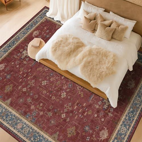 7x9 Dining Room Rugs for Under Table - Vintage Burgundy Boho Living Room Rug, Lightweight Washable Soft Floor Carpet,Southwestern Bed Room Décor Aesthetic