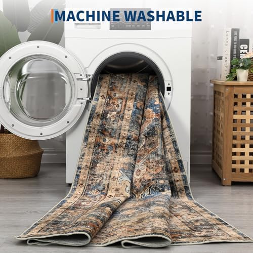 GarveeHome 10x13 Washable Vintage Living Room Blue&Brown Area Rug
