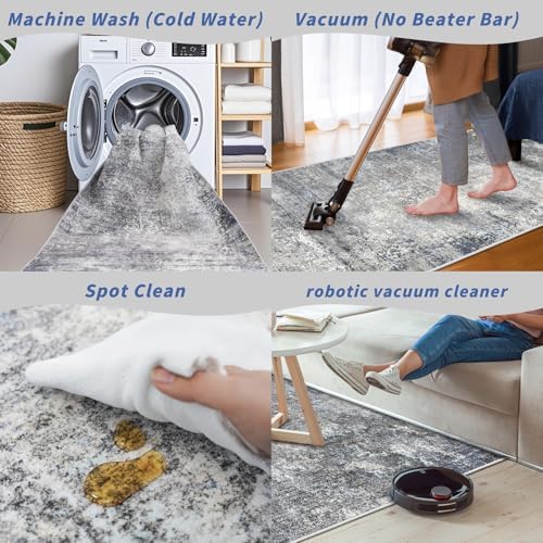 3x7 Kitchen Runner Rug – Washable Non-Slip Modern Abstract Neutral Carpet for Hallway, Entryway, Bedroom, Bathroom – Low-Pile Thin Stain-Resistant Wide Floor Runner (Blue Grey,3x7)