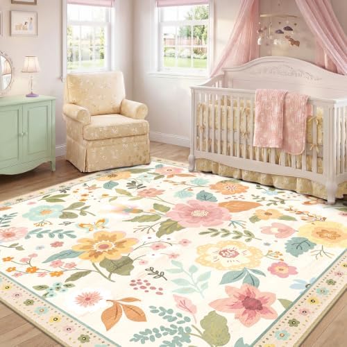 RELEANY Floral Washable Square 6ft Area Rug Beige/White/Orange
