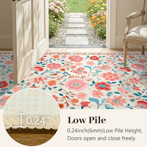 9x12 Ft Washable Area Rug for Living Room Beige Vintage Floral Carpet