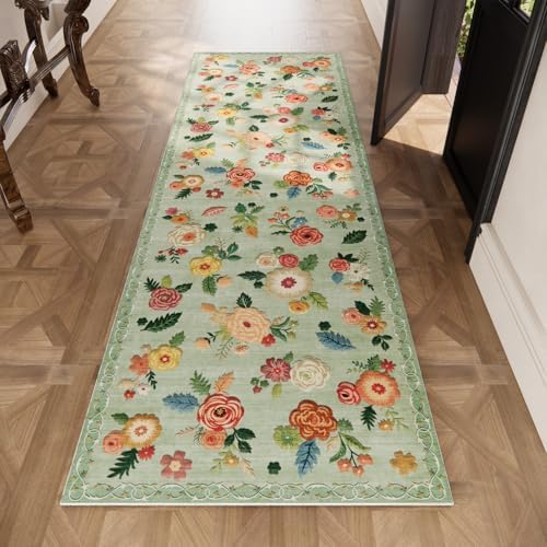 Washable Runner Rug Non Slip: 2x6 Kitchen Rug Low Pile Soft Faux Wool Non Shedding Lightweight Distressed Vintage Floral Floor Carpet Runners for Hallways Entryway Bedroom Laundry Farmhouse Office