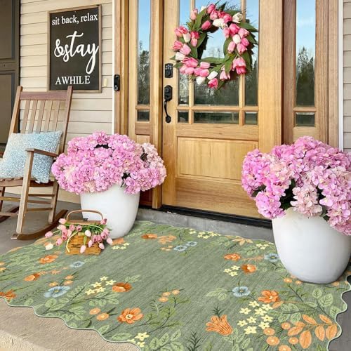 Sage Green Floral Entry Rug - 3x5 Ft Washable Indoor Outdoor Mats for Front Door Non-Slip Porch Rug Non-Slip Boho Throw Rugs for Living Room Bedroom Entryway Kitchen Office Porch Decor