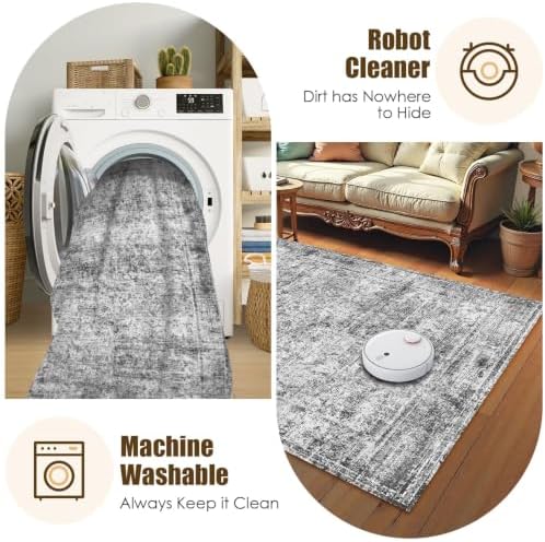 Washable Area Rug 6' x 9' Vintage Traditional Persian Mat - Foldable Distressed Non-Slip Machine Washable Carpet for Living Room Bedroom Kitchen Home Decor - Graphite and Mist