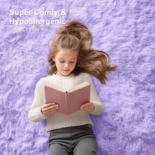 OLANLY 2x3 Machine Washable Small Bedside Rug, Soft Fluffy Shaggy Entryway Throw Rugs for Bedroom, Living Room, Indoor Floor Carpet for Kids Girl Boy, Nursery Room, Home Decor Aesthetic, Light Purple