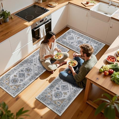 HEBE Boho Kitchen Rugs Set of 3, Non Slip Washable Kitchen Mats for Floor