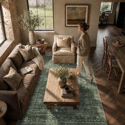 JOOJA 2'6"x8' Dark Olive Green Vintage Boho Runner Washable Hallway Rug