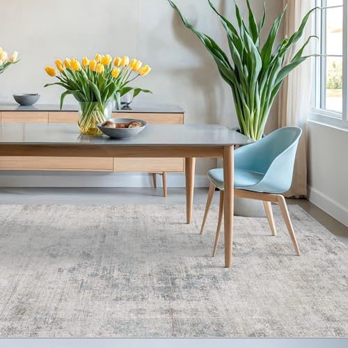 Hazo Haus Blue Abstract Rug for Dining Room - 5x8 Modern Area Rug for Home Office, Foyer, Bedroom, Low Pile & Lightweight, Distressed Design