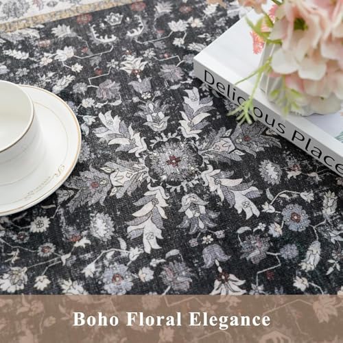 Kitchen Rug Sets 4-Piece with Runner – Washable Non-Slip Floor Mats for Sink, Entryway, Hallway, Bathroom – Soft Low-Pile Thin Boho Floral Rugs, New Home Decor (Black, 2x3+2x4+2x5+2x6)