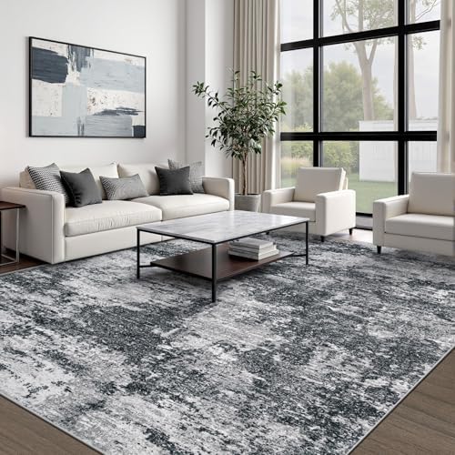 pmtsns Area Rugs 10x14 Living Room: Washable Rug Modern Abstract Neutral Soft Non-Slip Low-Pile Indoor Large Carpet for Bedroom Dining Room Playroom Home Office (Black Grey, 10'x14')