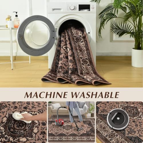 Hanples 4x6 Area Rugs for Living Room, Washable Rug Vintage Floral, Brown
