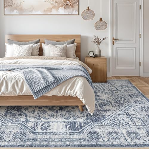 cotiled 9x12 Area Rug for Living Room, Washable, Traditional, Distressed Blue