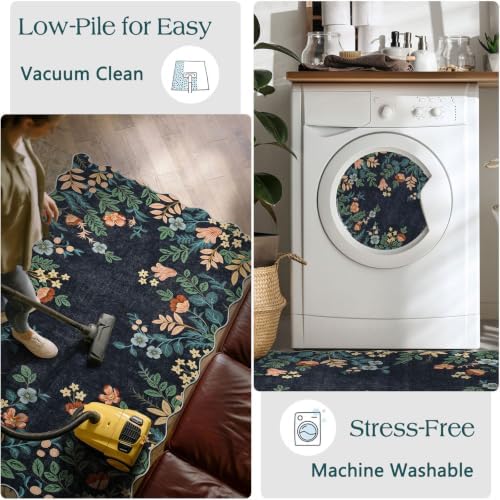 Front Door Mat Indoor Outside Entrance - 2x3 Dark Navy Floral Rug