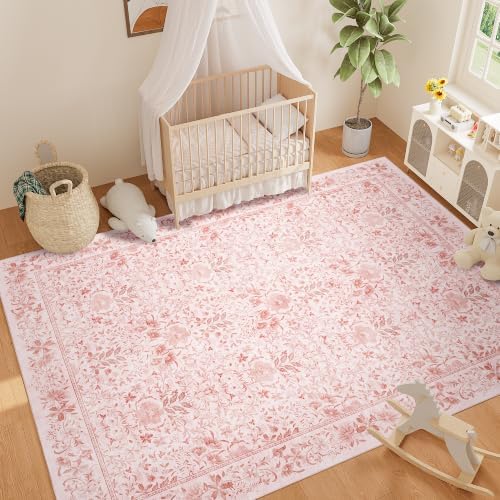 DUKINO 9x12 Area Rug for Living Room, Vintage Floral Washable Rugs, Pink