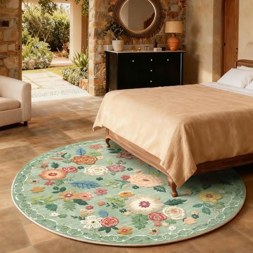 4ft Washable Round Rugs for Bedroom: Circle Living Room Rug Vintage Non Slip Low Pile Soft Faux Wool Non Shedding Small Circular Rug for Kitchen Entryway Bathroom Bedside Office CollegeDorm Kids Room
