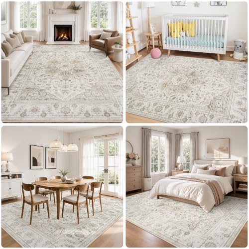 4x6 Washable Area Rugs for Bedroom Beige White Non-Slip Rug