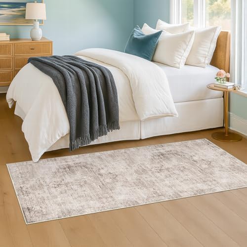 Washable Non Slip Stain Resistant 2x5 Runner Rug for Bathroom, Kitchen, Laundry Room, Bedroom Beside Bed, Unique Tan Distressed Abstract Eclectic Runner Décor, Beige Brown, Distressed Design