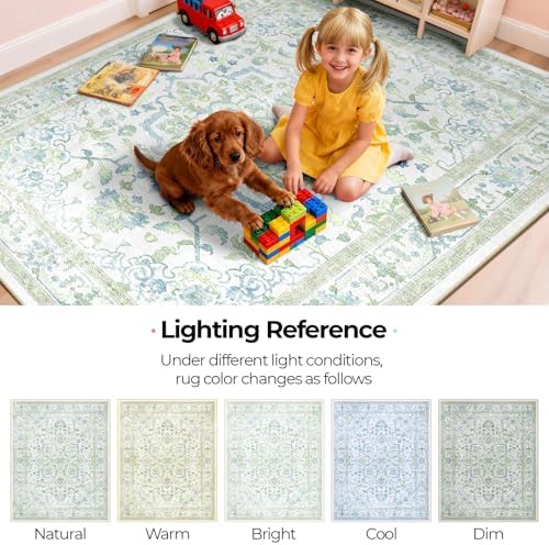 CAPALOCA Square 6ft Washable Nursery Girls Low Pile Area Rug Green Blue