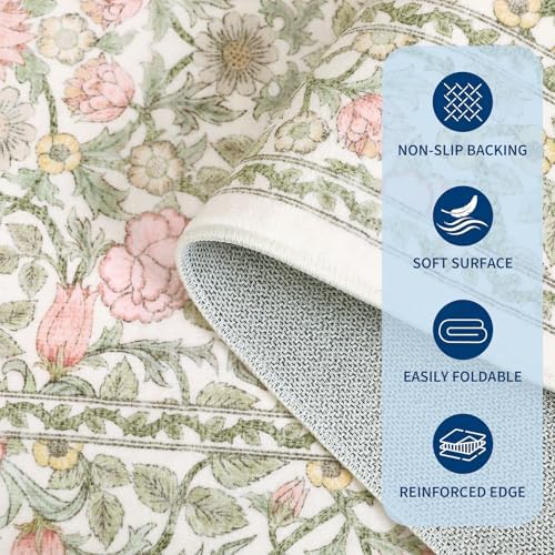 GarveeHome Pink Green Beige Floral Washable Rug 5x7 for Bedroom Living Room