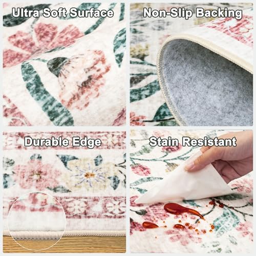 PLHXFR Area Rug Living Room: 5x7 Floral Washable Boho Carpet Pink Green