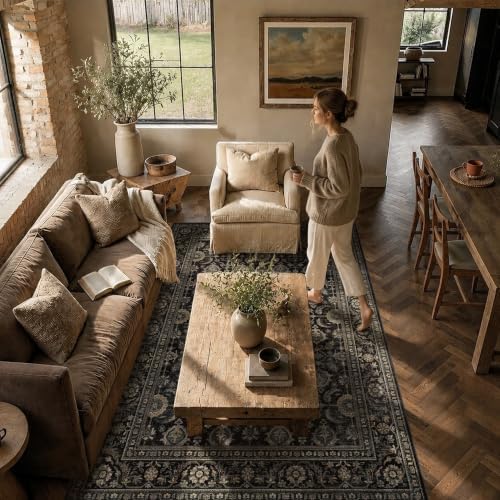 JOOJA 3x5 Black Gold Vintage Washable Area Rug Non Slip Indoor Entryway Rug