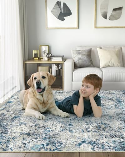 Washable Area Rug for Living Room: 5x7 Modern Abstract Neutral Soft Rug for Bedroom Dining Room No Slip Low Pile Carpet for Nursery Home Office - Grey/Blue