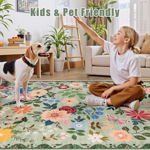 PLHXFR Area Rug 10x12 Living Room: Floral Washable Boho Soft Carpet Green