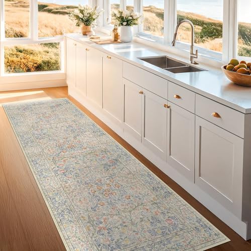 Beige Blue Washable 2x8 Runner Rug for Bathroom, Hallway, Kitchen, Non-Slip & Stain Resistant 8ft Long Entryway Floor Rug, Retro Boho Floral Décor