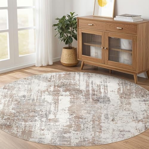 LOONGRUG Round Rug 7x7 Washable Large Neutral Modern Area Rugs Brown