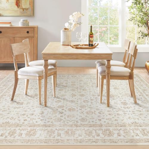 6x9 Area Rugs for Living Room: Washable Vintage Floral Rug Low Pile Non-Slip Boho Carpet for Nursery Bedroom Dining Room (Vintage Beige, 6'x9')