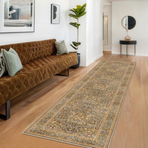 3x10 Long Runner Rugs for Hallway Non Slip, Geometric Floral Design Washable 10ft Oriental Rug for Entryway, Kitchen, Vintage Indoor Décor, Brown Low Pile Stain Resistant Carpet