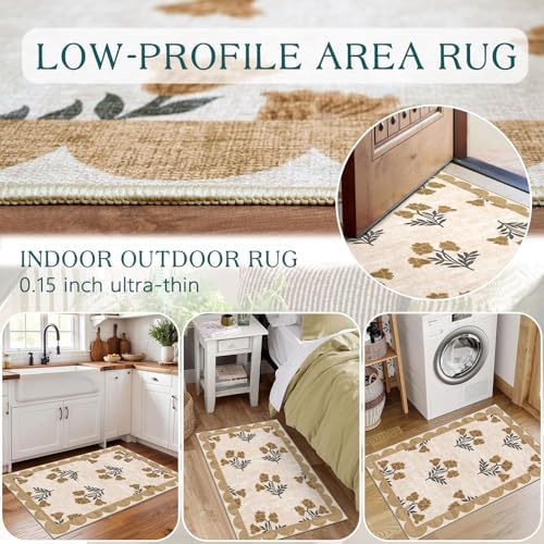 Front Door Mat Outside Entrance - 2x3 Spring Beige Floral Entry Rug