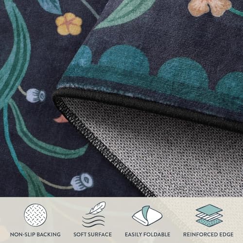Lahome Boho Floral Washable Dark Blue 9x12 Area Rugs for Living Room, Non Slip Rugs for Bedroom, Indoor Throw Dining Room Carpet for Under Table Home Office Playroom (Dark Blue,9x12ft)