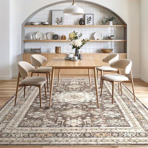 cotiled 7x10 Area Rug for Living Room, Washable, Traditional, Dark Brown