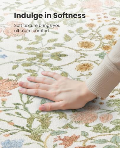 Amada Floral Washable Area Rug,5'x7',Light Beige
