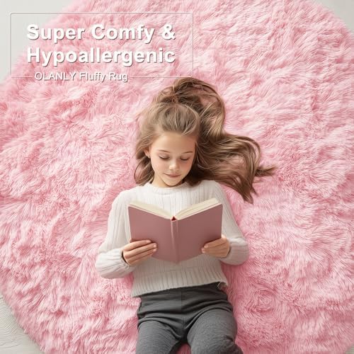 OLANLY Pink Round Rugs for Bedroom - Machine Washable, 7 ft Circle Area Rugs for Living Room, Soft and Fluffy Shaggy Carpet for Teen Girls and Boys, Nursery Rooms, Dorms, Home Decor Aesthetic