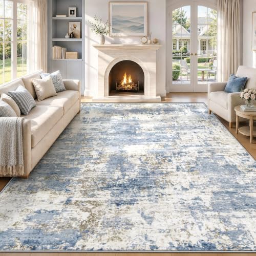 XLUEZ 9x12 Area Rug for Living Room, Washable Modern Abstract Large Area Rug Neutral Soft Non Slip Kids Rug Stain Resistant Indoor Carpet for Bedroom Dining Room Playroom Office(Blue, 9'x12')